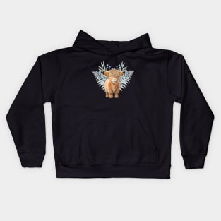 Adorable baby Scottish mountain Cow - beautiful flowers and leaves Kids Hoodie